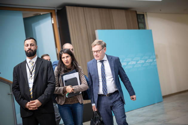 Foreign Minister Johann Wadephul at the Konrad Adenauer House, with Serap Güler, Minister of State at the Federal Ministry of Foreign Affairs, during the CDU Germany Executive Committee Retreat in Berlin, October 2026, Berlin, Berlin, Germany, Konrad Adenauer House