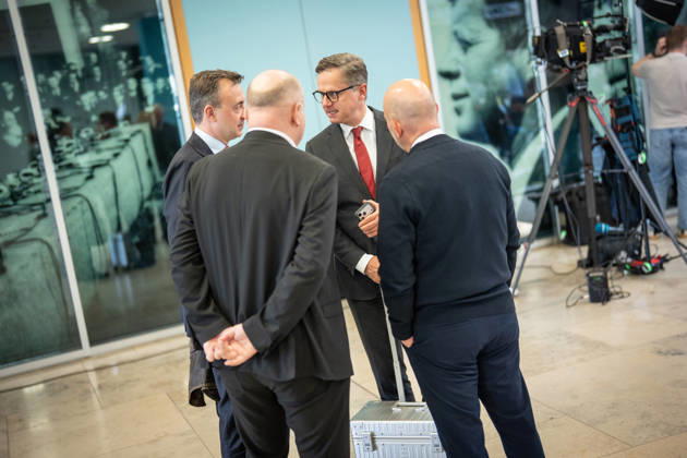 Federal Health Minister Karsten Linnemann speaking with journalists, with Paul Ziemiak, at the CDU Germany Executive Committee Retreat in Berlin, October 2026, Berlin, Berlin, Germany, Konrad Adenauer House
