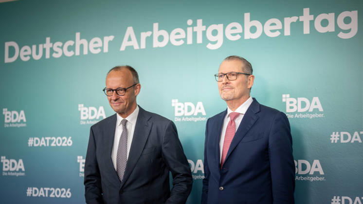 Chancellor Friedrich Merz is welcomed by Rainer Dulger, President of the Confederation of German Employers Associations (BDA), at the start of the 2026 German Employers Day, hosted by the Confederation of German Employers Associations (BDA), Berlin, Germany, at the Berlin Congress Center (bcc)