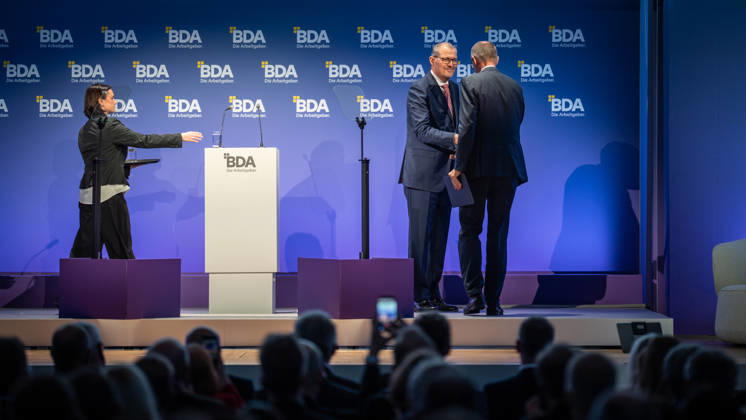 Chancellor Friedrich Merz is welcomed by Rainer Dulger, President of the Confederation of German Employers Associations (BDA), at the start of the 2026 German Employers Day, hosted by the Confederation of German Employers Associations (BDA), Berlin, Germany, at the Berlin Congress Center (bcc)