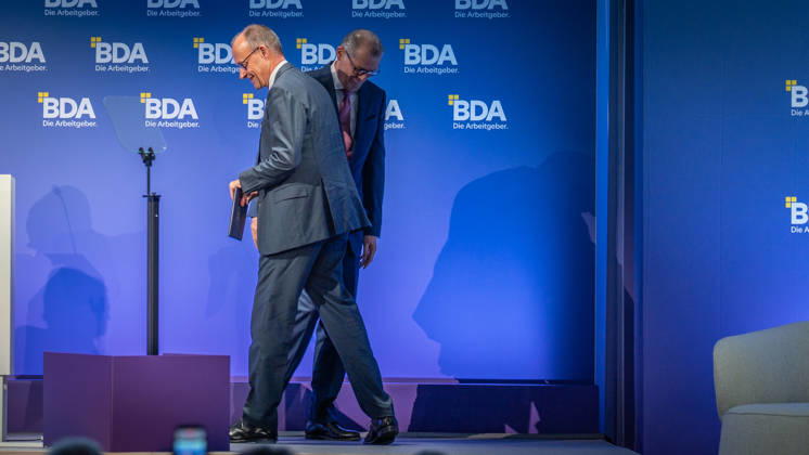 Chancellor Friedrich Merz is welcomed by Rainer Dulger, President of the Confederation of German Employers Associations (BDA), at the start of the 2026 German Employers Day, hosted by the Confederation of German Employers Associations (BDA), Berlin, Germany, at the Berlin Congress Center (bcc)