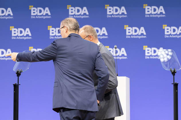 Friedrich Merz, Rainer Dulger, EUR, Germany, Berlin, October 13, 2026: Federal Chancellor Friedrich Merz (CDU) and Rainer Dulger, president of the employers association, engage in dialogue at the 2026 Employers Day event organized by the Confederation of German Employers Associations