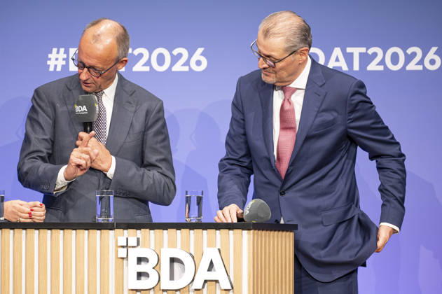 Friedrich Merz, Rainer Dulger, EUR, Germany, Berlin, October 13, 2026: Federal Chancellor Friedrich Merz (CDU) and Rainer Dulger, president of the employers association, engage in dialogue at the 2026 Employers Day event organized by the Confederation of German Employers Associations