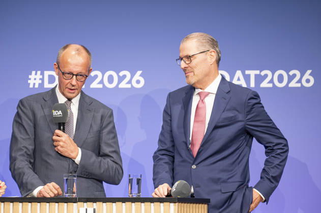 Friedrich Merz, Rainer Dulger, EUR, Germany, Berlin, October 13, 2026: Federal Chancellor Friedrich Merz (CDU) and Rainer Dulger, president of the employers association, engage in dialogue at the 2026 Employers Day event organized by the Confederation of German Employers Associations