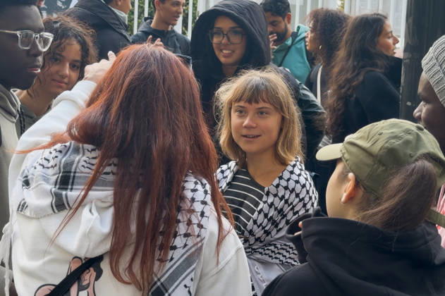 Greta Thunberg During Student Protest - Saint-Denis Videograbs - Swedish activist Greta Thunberg looks on as she arrives to take part in a blockade at the Lycee Paul Eluard in Saint-Denis, on the outskirts of Paris on October 13, 2026, as part of a nationwide student mobilisation. France sees nationwide demonstrations on October 13 in support of students protesting poor classroom conditions for weeks, as authorities and participants remain wary of further violence. Photo by CLPRESS ABACAPRESS.COM Paris France  Copyright: xCLPRESS ABACAx