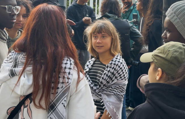 Greta Thunberg During Student Protest - Saint-Denis Videograbs - Swedish activist Greta Thunberg looks on as she arrives to take part in a blockade at the Lycee Paul Eluard in Saint-Denis, on the outskirts of Paris on October 13, 2026, as part of a nationwide student mobilisation. France sees nationwide demonstrations on October 13 in support of students protesting poor classroom conditions for weeks, as authorities and participants remain wary of further violence. Photo by CLPRESS ABACAPRESS.COM Paris France  Copyright: xCLPRESS ABACAx