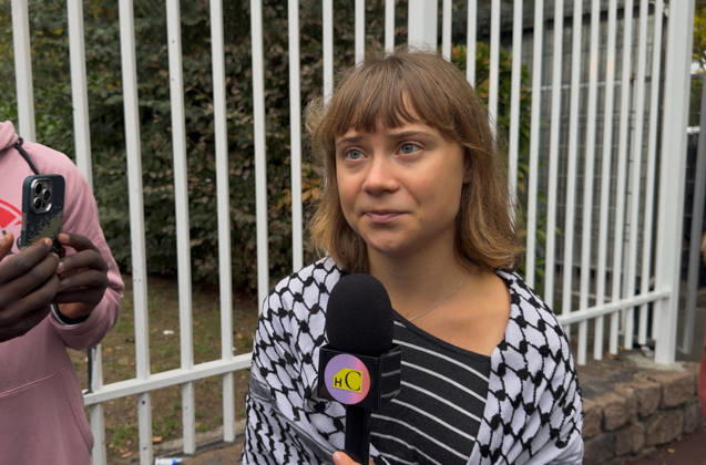 Greta Thunberg During Student Protest - Saint-Denis Videograbs - Swedish activist Greta Thunberg looks on as she arrives to take part in a blockade at the Lycee Paul Eluard in Saint-Denis, on the outskirts of Paris on October 13, 2026, as part of a nationwide student mobilisation. France sees nationwide demonstrations on October 13 in support of students protesting poor classroom conditions for weeks, as authorities and participants remain wary of further violence. Photo by CLPRESS ABACAPRESS.COM Paris France  Copyright: xCLPRESS ABACAx