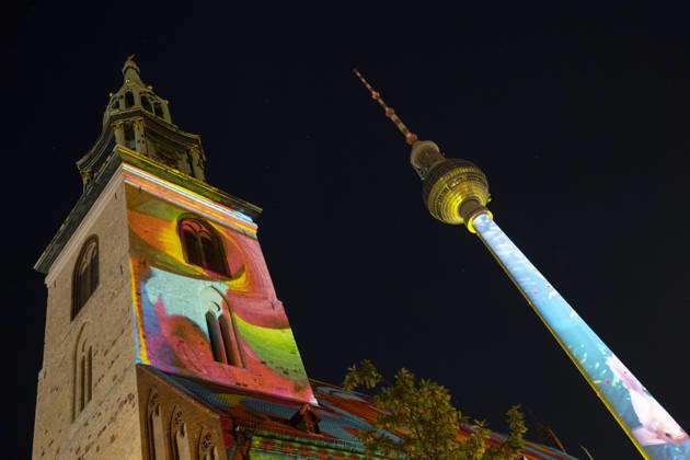 Festival of Lights, City Center Light Festival, Berlin, October 10, 2026, St. Mary’s Church and Berlin TV Tower, 22nd BERLIN FESTIVAL OF LIGHTS, theme Colors of Love, light installations, October 12, 2026, Berlin, Germany English St. Mary’s Church and Berlin TV Tower, 22nd Berlin Festival of Lights, theme Colors Copyright: xPeterxEngelkex