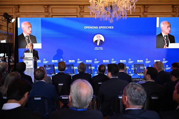 EU-Turkiye Business Summit kicks off in Brussels BRUSSELS, BELGIUM - OCTOBER 13: President of the Foreign Economic Relations Board of Turkiye (DEIK), Nail Olpak, delivers a speech during a session titled Redefining EU-Turkiye Cooperation in an Uncertain World at the EU-Turkiye Business Summit held at Egmont Palace in Brussels, Belgium, on October 13, 2026. The summit is organized in cooperation with DEIK and the European Business Summit (EBS). Dursun Aydemir Anadolu Brussels Belgium. Editorial use only. Please get in touch for any other usage. Copyright: x2026xAnadoluxDursunxAydemirx