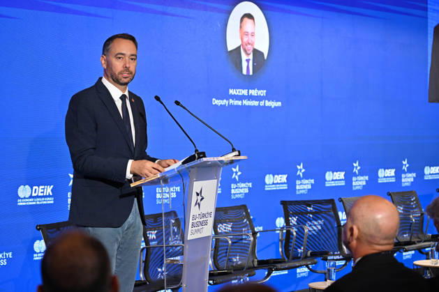 EU-Turkiye Business Summit kicks off in Brussels BRUSSELS, BELGIUM - OCTOBER 13: Belgian Deputy Prime Minister and Foreign Minister Maxime Prevot delivers a speech during a session titled Redefining EU-Turkiye Cooperation in an Uncertain World at Egmont Palace in Brussels, Belgium, on October 13, 2026. The session is held as part of the EU-Turkiye Business Summit, organized in cooperation with the Foreign Economic Relations Board of Turkiye (DEIK) and the European Business Summit (EBS). Dursun Aydemir Anadolu Brussels Belgium. Editorial use only. Please get in touch for any other usage. Copyright: x2026xAnadoluxDursunxAydemirx