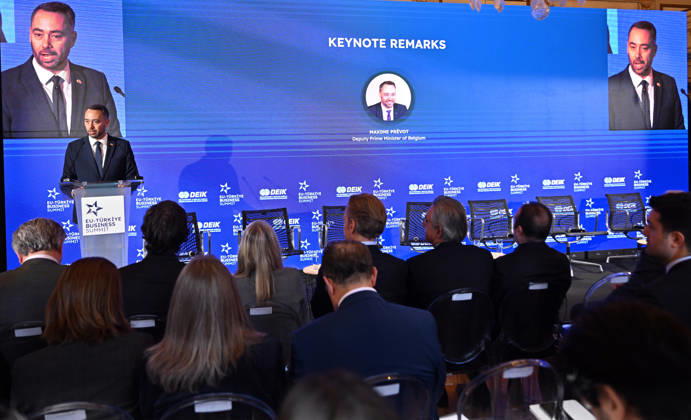EU-Turkiye Business Summit kicks off in Brussels BRUSSELS, BELGIUM - OCTOBER 13: Belgian Deputy Prime Minister and Foreign Minister Maxime Prevot delivers a speech during a session titled Redefining EU-Turkiye Cooperation in an Uncertain World at Egmont Palace in Brussels, Belgium, on October 13, 2026. The session is held as part of the EU-Turkiye Business Summit, organized in cooperation with the Foreign Economic Relations Board of Turkiye (DEIK) and the European Business Summit (EBS). Dursun Aydemir Anadolu Brussels Belgium. Editorial use only. Please get in touch for any other usage. Copyright: x2026xAnadoluxDursunxAydemirx