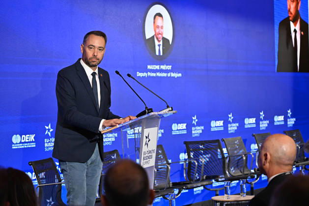 EU-Turkiye Business Summit kicks off in Brussels BRUSSELS, BELGIUM - OCTOBER 13: Belgian Deputy Prime Minister and Foreign Minister Maxime Prevot delivers a speech during a session titled Redefining EU-Turkiye Cooperation in an Uncertain World at Egmont Palace in Brussels, Belgium, on October 13, 2026. The session is held as part of the EU-Turkiye Business Summit, organized in cooperation with the Foreign Economic Relations Board of Turkiye (DEIK) and the European Business Summit (EBS). Dursun Aydemir Anadolu Brussels Belgium. Editorial use only. Please get in touch for any other usage. Copyright: x2026xAnadoluxDursunxAydemirx