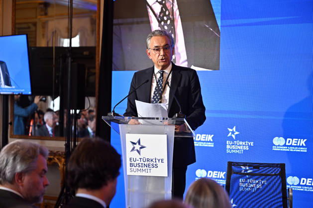 EU-Turkiye Business Summit kicks off in Brussels BRUSSELS, BELGIUM - OCTOBER 13: Mehmet Ali Yalcindag, Coordinator Chairman of the Turkiye-Europe Business Councils of the Foreign Economic Relations Board of Turkiye (DEIK), delivers a speech during a session titled Redefining EU-Turkiye Cooperation in an Uncertain World at Egmont Palace in Brussels, Belgium, on October 13, 2026. The session is held as part of the EU-Turkiye Business Summit, organized in cooperation with DEIK and the European Business Summit (EBS). Dursun Aydemir Anadolu Brussels Belgium. Editorial use only. Please get in touch for any other usage. Copyright: x2026xAnadoluxDursunxAydemirx