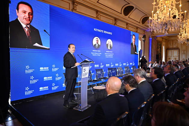 EU-Turkiye Business Summit kicks off in Brussels BRUSSELS, BELGIUM - OCTOBER 13: Turkish Deputy Minister of Trade Mustafa Tuzcu delivers a speech during a session titled Redefining EU-Turkiye Cooperation in an Uncertain World at Egmont Palace in Brussels, Belgium, on October 13, 2026. The session is held as part of the EU-Turkiye Business Summit, organized in cooperation with the Foreign Economic Relations Board of Turkiye (DEIK) and the European Business Summit (EBS). Dursun Aydemir Anadolu Brussels Belgium. Editorial use only. Please get in touch for any other usage. Copyright: x2026xAnadoluxDursunxAydemirx