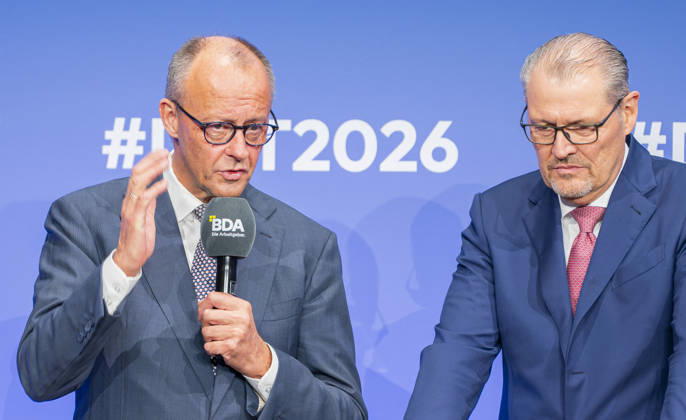 Friedrich Merz Attends Employers Day 2026 EUR, Germany, Berlin, October 13, 2026: Federal Chancellor Friedrich Merz (CDU) in conversation with Rainer Dulger, President of the Confederation of German Employers Associations, at the 2026 Employers Day hosted by the Confederation of German Employers Associations