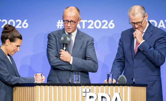 Friedrich Merz Attends Employers Day 2026 EUR, Germany, Berlin, October 13, 2026: Federal Chancellor Friedrich Merz (CDU) in conversation with Rainer Dulger, President of the Confederation of German Employers Associations, at the 2026 Employers Day hosted by the Confederation of German Employers Associations