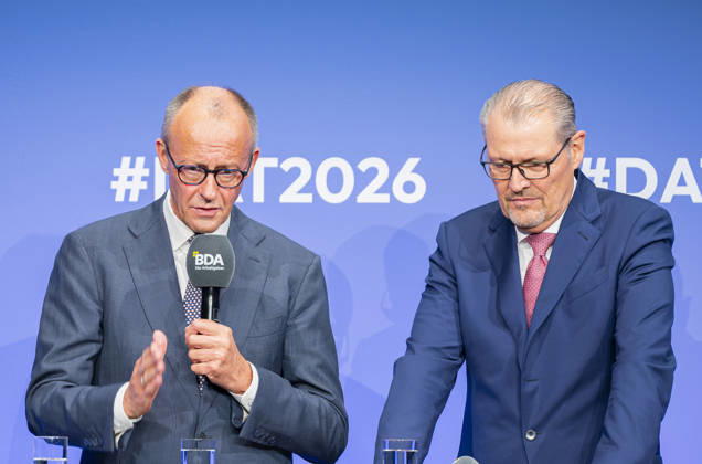 Friedrich Merz Attends Employers Day 2026 EUR, Germany, Berlin, October 13, 2026: Federal Chancellor Friedrich Merz (CDU) in conversation with Rainer Dulger, President of the Confederation of German Employers Associations, at the 2026 Employers Day hosted by the Confederation of German Employers Associations