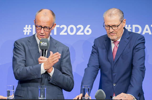 Friedrich Merz Attends Employers Day 2026 EUR, Germany, Berlin, October 13, 2026: Federal Chancellor Friedrich Merz (CDU) in conversation with Rainer Dulger, President of the Confederation of German Employers Associations, at the 2026 Employers Day hosted by the Confederation of German Employers Associations