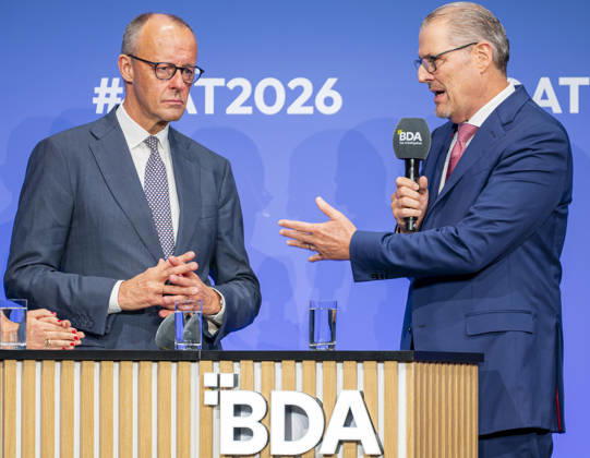 Friedrich Merz Attends Employers Day 2026 EUR, Germany, Berlin, October 13, 2026: Federal Chancellor Friedrich Merz (CDU) in conversation with Rainer Dulger, President of the Confederation of German Employers Associations, at the 2026 Employers Day hosted by the Confederation of German Employers Associations