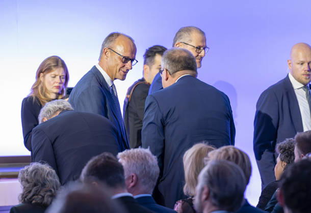 Friedrich Merz Attends Employers Day 2026 EUR, Germany, Berlin, October 13, 2026: Federal Chancellor Friedrich Merz (CDU) in conversation with Rainer Dulger, President of the Confederation of German Employers Associations, at the 2026 Employers Day hosted by the Confederation of German Employers Associations