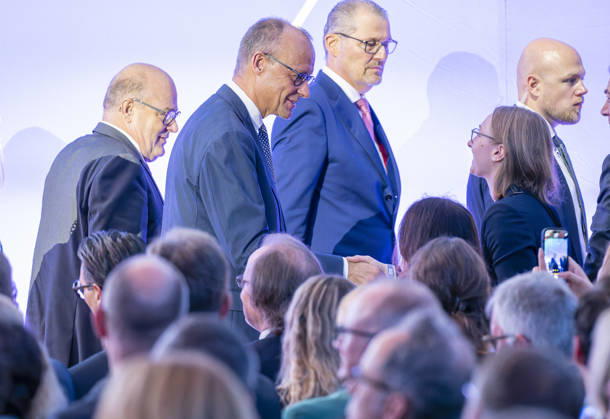 Friedrich Merz Attends Employers Day 2026 EUR, Germany, Berlin, October 13, 2026: Federal Chancellor Friedrich Merz (CDU) in conversation with Rainer Dulger, President of the Confederation of German Employers Associations, at the 2026 Employers Day hosted by the Confederation of German Employers Associations