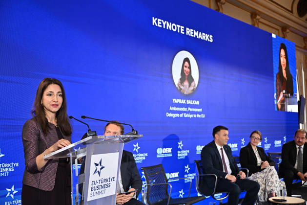 EU-Turkiye Business Summit kicks off in Brussels BRUSSELS, BELGIUM - OCTOBER 13: Ambassador Yaprak Balkan (L), Turkiye s Permanent Representative to the European Union, delivers a speech during a session held at Egmont Palace in Brussels, Belgium, on October 13, 2026. The session is held as part of the EU-Turkiye Business Summit, organized in cooperation with the Foreign Economic Relations Board of Turkiye (DEIK) and the European Business Summit (EBS). Dursun Aydemir Anadolu Brussels Belgium. Editorial use only. Please get in touch for any other usage.  Copyright: x2026xAnadoluxDursunxAydemirx
