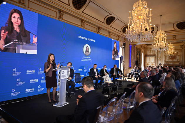 EU-Turkiye Business Summit kicks off in Brussels BRUSSELS, BELGIUM - OCTOBER 13: Ambassador Yaprak Balkan (L), Turkiye s Permanent Representative to the European Union, delivers a speech during a session held at Egmont Palace in Brussels, Belgium, on October 13, 2026. The session is held as part of the EU-Turkiye Business Summit, organized in cooperation with the Foreign Economic Relations Board of Turkiye (DEIK) and the European Business Summit (EBS). Dursun Aydemir Anadolu Brussels Belgium. Editorial use only. Please get in touch for any other usage.  Copyright: x2026xAnadoluxDursunxAydemirx