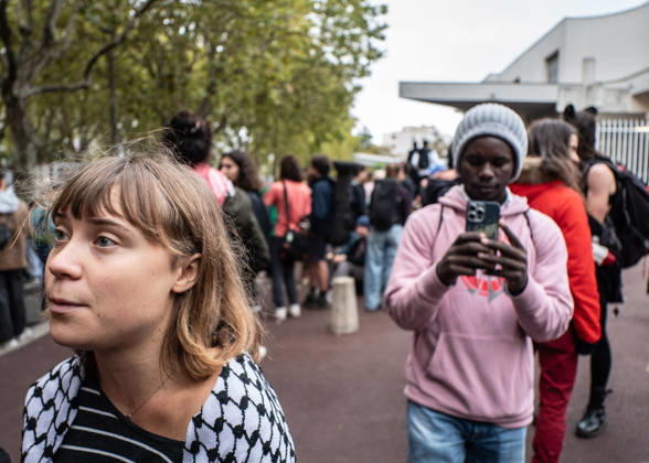 October 13, 2026: Paul-o°luard High School in Saint-Denis is at the center of the news as part of the fifth round of national student protests...The renowned Swedish environmental activist Greta Thunberg visited Paul-o°luard High School in Saint-Denis this morning to offer her direct support to the protesting students. She denounced police violence against the young demonstrators. - ZUMAs287 20261013_zip_s287_005 Copyright: xSadakxSouicix