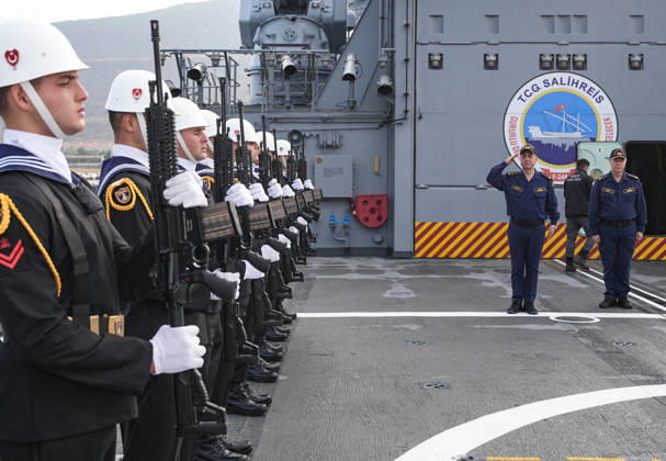 NUSRET-2026 Invitational Exercise continues in Turkiye s Izmir IZMIR, TURKIYE - OCTOBER 13: Turkish Naval Forces Commander Admiral Ercument Tatlioglu (2nd R) is welcomed aboard TCG Salihreis, the flagship of the NUSRET-2026 Invitation Exercise, during Distinguished Visitors Day activities off the coast of Foca, Izmir, Turkiye, on October 13, 2026. The exercise, hosted by Turkiye, involves naval and air assets from NATO and Turkish Naval Forces, Air Force and Coast Guard Command, with observers from various countries, and is being held in the Gulf of Izmir and off the coast of Karadeniz Eregli. Mahmut Serdar Alakus Anadolu Izmir Turkey. Editorial use only. Please get in touch for any other usage. Copyright: x2026xAnadoluxMahmutxSerdarxAlakusx