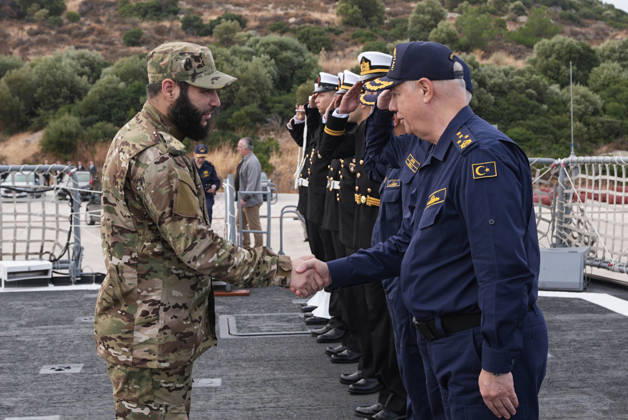 NUSRET-2026 Invitational Exercise continues in Turkiye s Izmir IZMIR, TURKIYE - OCTOBER 13: Syrian Naval Forces Commander Brigadier General Mohammed al-Saud (L) is welcomed aboard TCG Salihreis, the flagship of the NUSRET-2026 Invitation Exercise, during Distinguished Visitors Day activities off the coast of Foca, Izmir, Turkiye, on October 13, 2026. Hosted by Turkiye, the exercise involves naval and air assets from NATO and the Turkish Naval Forces, Air Force and Coast Guard Command, with observers from various countries, and is being held in the Gulf of Izmir and off the coast of Karadeniz Eregli. Mahmut Serdar Alakus Anadolu Izmir Turkey. Editorial use only. Please get in touch for any other usage. Copyright: x2026xAnadoluxMahmutxSerdarxAlakusx