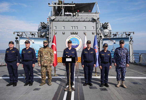 NUSRET-2026 Invitational Exercise continues in Turkiye s Izmir IZMIR, TURKIYE - OCTOBER 13: Turkish Naval Forces Commander Admiral Ercument Tatlioglu (C) delivers a speech about the NUSRET-2026 Invitation Exercise during Distinguished Observer Day activities held off the coast of Foca, Izmir, Turkiye, on October 13, 2026. Hosted by Turkiye and conducted by the Turkish Naval Forces Mine Fleet Command, the exercise involves naval and air assets from NATO and Turkiye, as well as the Turkish Coast Guard, with observers from various countries. Mahmut Serdar Alakus Anadolu Izmir Turkey. Editorial use only. Please get in touch for any other usage.  Copyright: x2026xAnadoluxMahmutxSerdarxAlakusx
