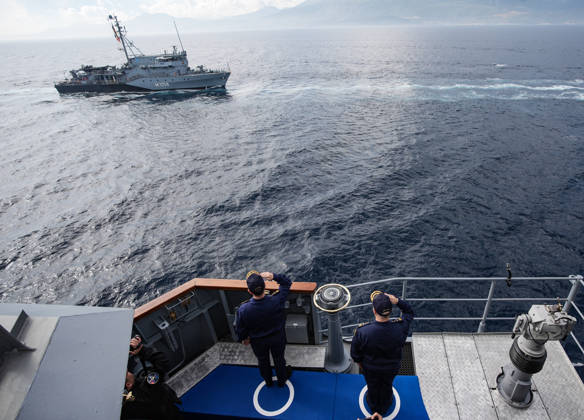 NUSRET-2026 Invitational Exercise continues in Turkiye s Izmir IZMIR, TURKIYE - OCTOBER 13: Naval vessels participating in the NUSRET-2026 Invitation Exercise salute Turkish Naval Forces Commander Admiral Ercument Tatlioglu aboard the flagship during Distinguished Observer Day activities off the coast of Foca, Izmir, Turkiye, on October 13, 2026. Hosted by Turkiye and conducted by the Turkish Naval Forces Mine Fleet Command, the exercise involves naval and air assets from NATO and Turkiye, as well as the Turkish Coast Guard, with observers from various countries. Mahmut Serdar Alakus Anadolu Izmir Turkey. Editorial use only. Please get in touch for any other usage.  Copyright: x2026xAnadoluxMahmutxSerdarxAlakusx