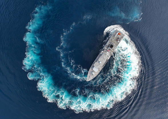 NUSRET-2026 Invitational Exercise continues in Turkiye s Izmir IZMIR, TURKIYE - OCTOBER 13: An aerial view of a naval vessel maneuvering during Distinguished Observer Day activities held off the coast of Foca district in Izmir, Turkiye, on October 13, 2026, as part of the NUSRET-2026 Invitation Exercise. Hosted by Turkiye and conducted by the Turkish Naval Forces Mine Fleet Command, the exercise involves naval, air and coast guard assets from NATO and Turkiye, along with observers from various countries, and takes place in the Gulf of Izmir and off Karadeniz Eregli. Mahmut Serdar Alakus Anadolu Izmir Turkey. Editorial use only. Please get in touch for any other usage.  Copyright: x2026xAnadoluxMahmutxSerdarxAlakusx