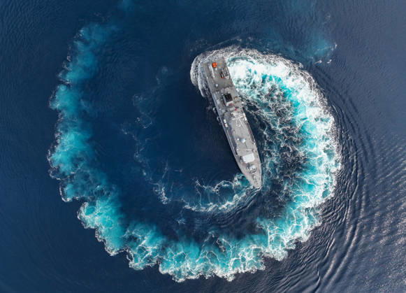 NUSRET-2026 Invitational Exercise continues in Turkiye s Izmir IZMIR, TURKIYE - OCTOBER 13: An aerial view of a naval vessel maneuvering during Distinguished Observer Day activities held off the coast of Foca district in Izmir, Turkiye, on October 13, 2026, as part of the NUSRET-2026 Invitation Exercise. Hosted by Turkiye and conducted by the Turkish Naval Forces Mine Fleet Command, the exercise involves naval, air and coast guard assets from NATO and Turkiye, along with observers from various countries, and takes place in the Gulf of Izmir and off Karadeniz Eregli. Mahmut Serdar Alakus Anadolu Izmir Turkey. Editorial use only. Please get in touch for any other usage.  Copyright: x2026xAnadoluxMahmutxSerdarxAlakusx