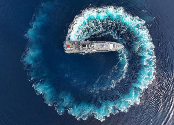 NUSRET-2026 Invitational Exercise continues in Turkiye s Izmir IZMIR, TURKIYE - OCTOBER 13: An aerial view of a naval vessel maneuvering during Distinguished Observer Day activities held off the coast of Foca district in Izmir, Turkiye, on October 13, 2026, as part of the NUSRET-2026 Invitation Exercise. Hosted by Turkiye and conducted by the Turkish Naval Forces Mine Fleet Command, the exercise involves naval, air and coast guard assets from NATO and Turkiye, along with observers from various countries, and takes place in the Gulf of Izmir and off Karadeniz Eregli. Mahmut Serdar Alakus Anadolu Izmir Turkey. Editorial use only. Please get in touch for any other usage.  Copyright: x2026xAnadoluxMahmutxSerdarxAlakusx