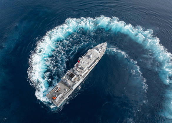 NUSRET-2026 Invitational Exercise continues in Turkiye s Izmir IZMIR, TURKIYE - OCTOBER 13: An aerial view of a naval vessel maneuvering during Distinguished Observer Day activities held off the coast of Foca district in Izmir, Turkiye, on October 13, 2026, as part of the NUSRET-2026 Invitation Exercise. Hosted by Turkiye and conducted by the Turkish Naval Forces Mine Fleet Command, the exercise involves naval, air and coast guard assets from NATO and Turkiye, along with observers from various countries, and takes place in the Gulf of Izmir and off Karadeniz Eregli. Mahmut Serdar Alakus Anadolu Izmir Turkey. Editorial use only. Please get in touch for any other usage.  Copyright: x2026xAnadoluxMahmutxSerdarxAlakusx