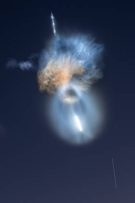 In this 15-second long-exposure photograph, the International Space Station appears as a streak of light during the launch of NASA’s SpaceX CRS-35 mission, as the Falcon 9 rocket’s first stage begins its return to Landing Zone 40 for landing and the rocket’s second stage and Dragon spacecraft continue toward orbit, Tuesday, Oct. 13, 2026, as seen from Cocoa Beach, Florida. The mission lifted off at 6:33 a.m. EDT from Space Launch Complex 40 at Cape Canaveral Space Force Station, carrying scientific experiments, supplies, and equipment to the orbital outpost on SpaceX’s 35th commercial resupply mission for NASA. The rocket’s exhaust plumes, illuminated by sunlight against the predawn sky, were visible across the eastern United States. John Copyright: xNASAxviaxBestimagexNASAxviaxBestimagex