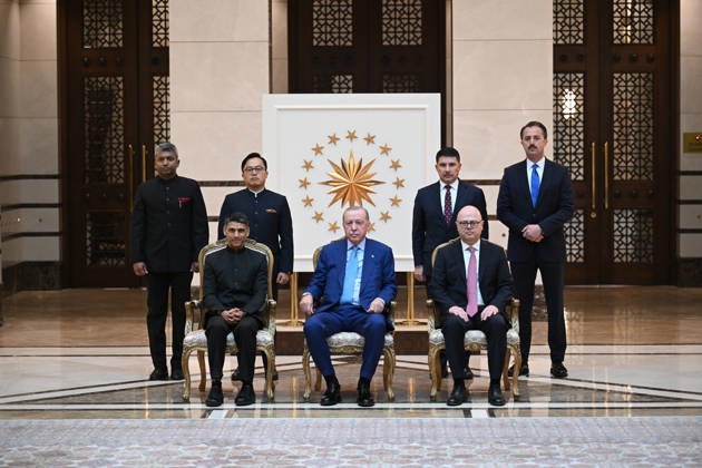 Turkish President Recep Tayyip Erdogan ANKARA, TURKIYE - OCTOBER 13: Indian Ambassador to Turkiye, Rudra Gaurav Shresth presents his letters of credence to Turkish President Recep Tayyip Erdogan (C), as Erdogan receives the ambassadors of India, Mali, Netherlands, El Salvador and Nigeria at the Presidential Complex, in Ankara, Turkiye on October 13, 2026. Mehmet Ali Ozcan Anadolu Ankara Turkey. Editorial use only. Please get in touch for any other usage.  Copyright: x2026xAnadoluxMehmetxAlixOzcanx