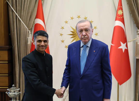 Turkish President Recep Tayyip Erdogan ANKARA, TURKIYE - OCTOBER 13: (----EDITORIAL USE ONLY - MANDATORY CREDIT - TURKISH PRESIDENCY MURAT KULA HANDOUT - NO MARKETING NO ADVERTISING CAMPAIGNS - DISTRIBUTED AS A SERVICE TO CLIENTS----) Indian Ambassador to Turkiye, Rudra Gaurav Shresth and Turkish President Recep Tayyip Erdogan pose for a photo after he presents the letter of credence at the Presidential Complex, in Ankara, Turkiye on October 13, 2026. TUR Presidency Murat Kula Anadolu Ankara Turkey. Editorial use only. Please get in touch for any other usage.  Copyright: x2026xAnadoluxTURxPresidency MuratxKulax