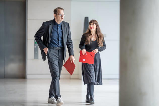 Heidi Reichinnek, chair of the Die Linke parliamentary caucus in the German Bundestag, with her co-chair Sören Pellmann; press statement by the Die Linke parliamentary caucus, German Bundestag, Berlin, Berlin, Germany, Bundestag