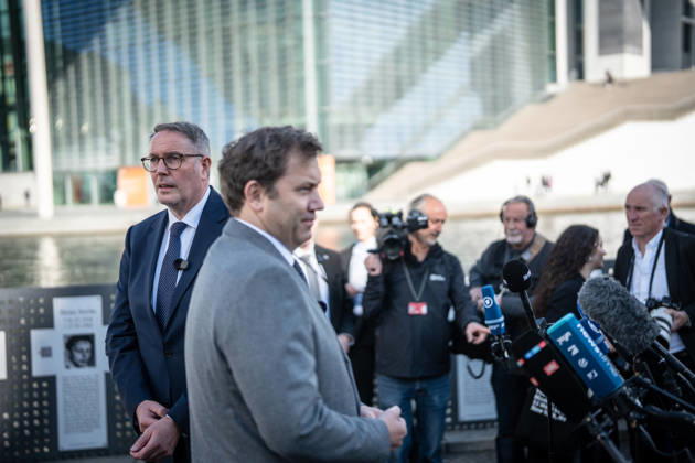 Lars Klingbeil, SPD Party Chairman and Federal Minister of Finance, and Alexander Schweitzer, Federal Minister of Labor-designate, at Friedrich-Ebert-Platz in front of the Bundestag building; introduction of the new Federal Minister of Labor on the day of his swearing-in by the SPD Party Chairman, Berlin, Berlin, Germany, Friedrich-Ebert-Platz