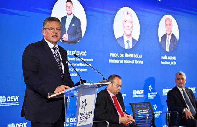 European Commission Member for Trade and Economic Security Maros Sefcovic BRUSSELS, BELGIUM - OCTOBER 13: European Commission Member for Trade and Economic Security Maros Sefcovic speaks at the EU-Turkiye Business Summit at the Egmont Palace in Brussels, Belgium on October 13, 2026. Dursun Aydemir Anadolu Brussels Belgium. Editorial use only. Please get in touch for any other usage.  Copyright: x2026xAnadoluxDursunxAydemirx