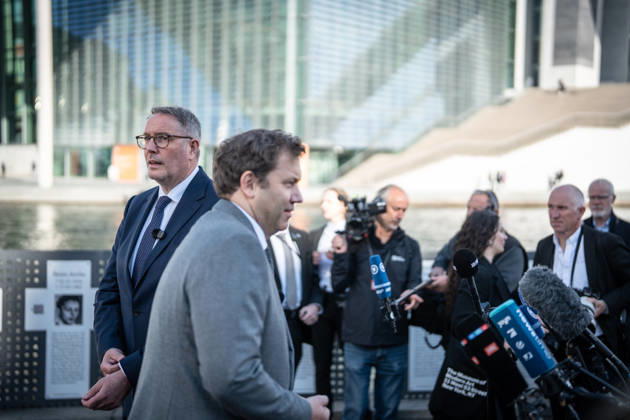 Lars Klingbeil, SPD Party Chairman and Federal Minister of Finance, and Alexander Schweitzer, Federal Minister of Labor-designate, at Friedrich-Ebert-Platz in front of the Bundestag building; introduction of the new Federal Minister of Labor on the day of his swearing-in by the SPD Party Chairman, Berlin, Berlin, Germany, Friedrich-Ebert-Platz