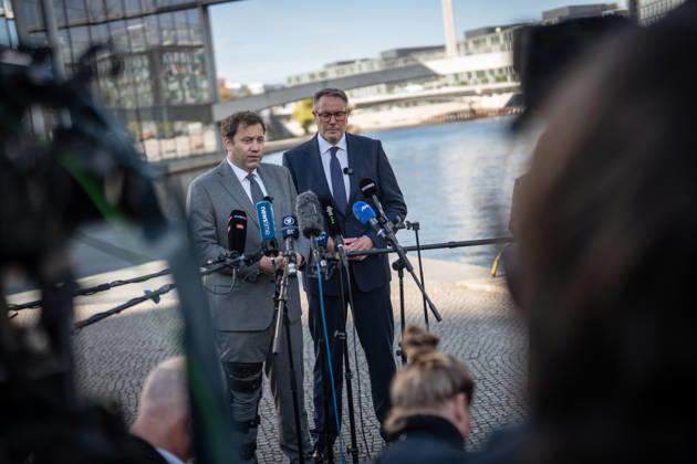 Lars Klingbeil, SPD Party Chairman and Federal Minister of Finance, and Alexander Schweitzer, Federal Minister of Labor-designate, at Friedrich-Ebert-Platz in front of the Bundestag building; introduction of the new Federal Minister of Labor on the day of his swearing-in by the SPD Party Chairman, Berlin, Germany, Friedrich-Ebert-Platz