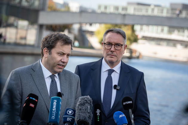 Lars Klingbeil, SPD Party Chairman and Federal Minister of Finance, and Alexander Schweitzer, Federal Minister of Labor-designate, at Friedrich-Ebert-Platz in front of the Bundestag building; introduction of the new Federal Minister of Labor on the day of his swearing-in by the SPD Party Chairman, Berlin, Germany, Friedrich-Ebert-Platz