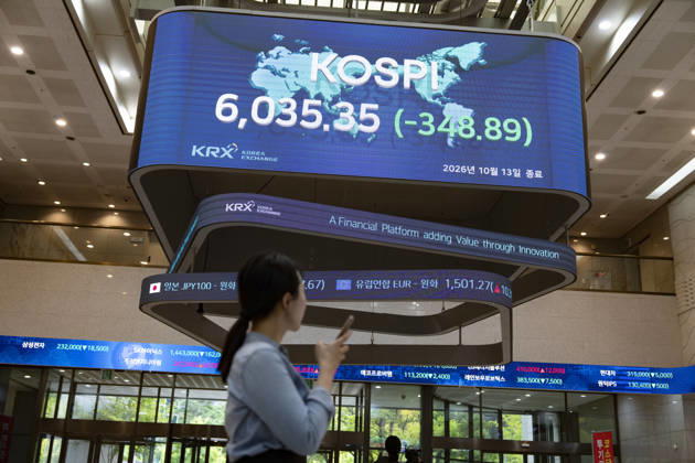 South Korea Stocks Plunge As KOSPI Drops Sharply At KRX In Seoul A Korea Exchange (KRX) employee looks at her smartphone while walking past a display board showing the closing KOSPI index at 6,035.35 (-348.89) in Yeouido, Seoul, South Korea, on October 13, 2026. Seoul Seoul South Korea  Copyright: xChrisxJungx originalFilename: jung-southkor261013_npE9d.jpg