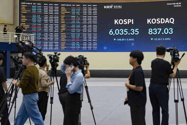 South Korea Stocks Plunge As KOSPI Drops Sharply At KRX In Seoul Camera crews record the main electronic scoreboard at the Korea Exchange (KRX) trading hall in Yeouido, Seoul, South Korea, on October 13, 2026. The benchmark KOSPI index closed at 6,035.34, down 348.90 points (-5.47%), while the tech-heavy KOSDAQ closed at 836.99, down 12.20 points (-1.44%). Seoul Seoul South Korea  Copyright: xChrisxJungx originalFilename: jung-southkor261013_nplWl.jpg