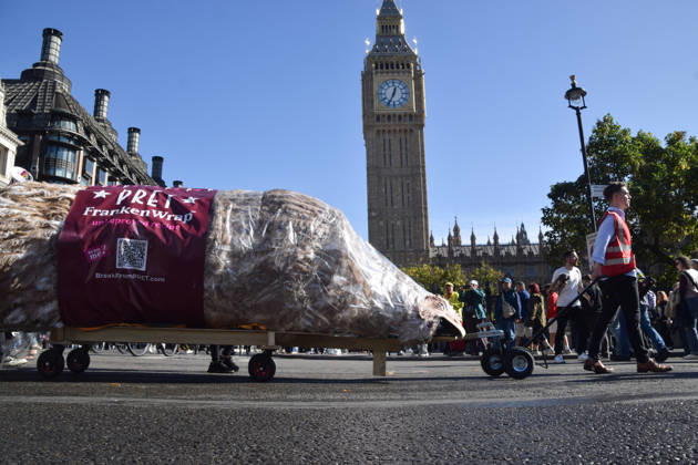 October 13, 2026, London, England, United Kingdom: Protesters pass through Parliament Square with a giant wrapped chicken during the march to Pret headquarters urging the fast food chain to drop Frankenchickens. Frankenchickens are chickens mostly raised on factory farms who are bred to grow much faster and who are said to suffer far more than regular chickens. London United Kingdom  - ZUMAv130 20261013_zip_v130_025 Copyright: xVukxValcicx
