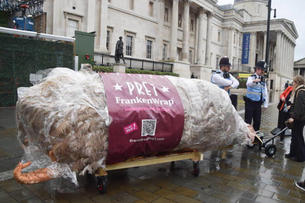 October 13, 2026, London, England, United Kingdom: Protesters pass through Trafalgar Square with a giant wrapped chicken during the march to Pret headquarters urging the fast food chain to drop Frankenchickens. Frankenchickens are chickens mostly raised on factory farms who are bred to grow much faster and who are said to suffer far more than regular chickens. London United Kingdom  - ZUMAv130 20261013_zip_v130_027 Copyright: xVukxValcicx
