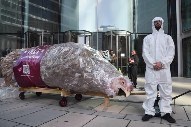 October 13, 2026, London, England, United Kingdom: An activist stands next to a giant wrapped chicken outside Pret headquarters during a protest urging the fast food chain to drop Frankenchickens. Frankenchickens are chickens mostly raised on factory farms who are bred to grow much faster and who are said to suffer far more than regular chickens. London United Kingdom  - ZUMAv130 20261013_zip_v130_039 Copyright: xVukxValcicx